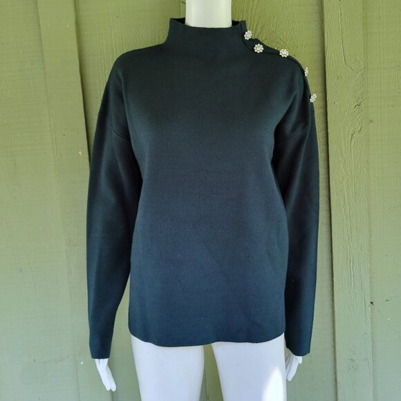TAHARI Forest Green Sweater Knit Rhinestone Buttons Medium M - Picture 1 of 5